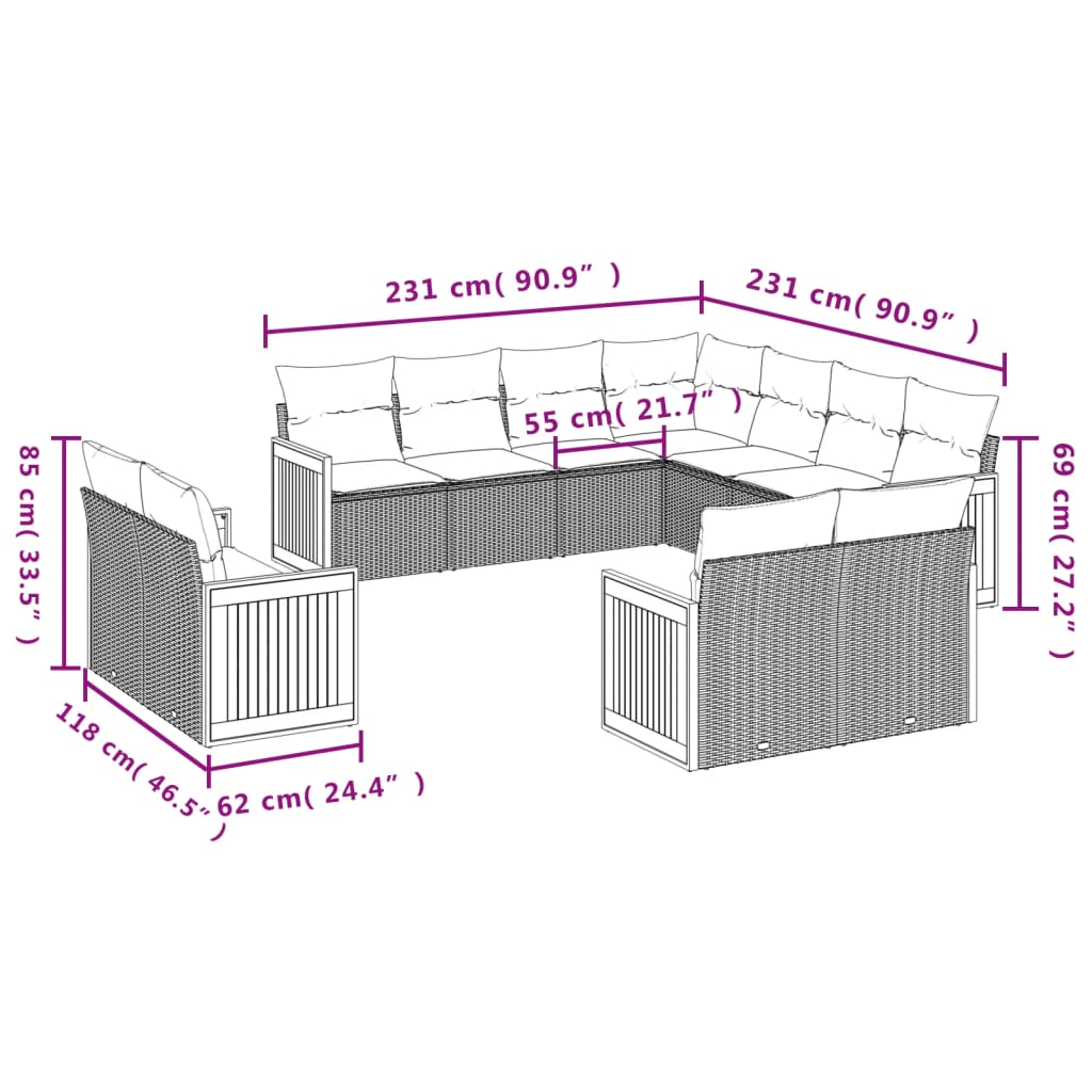 Set Divani da Giardino 11 pz con Cuscini in Polyrattan Nero | homemem39
