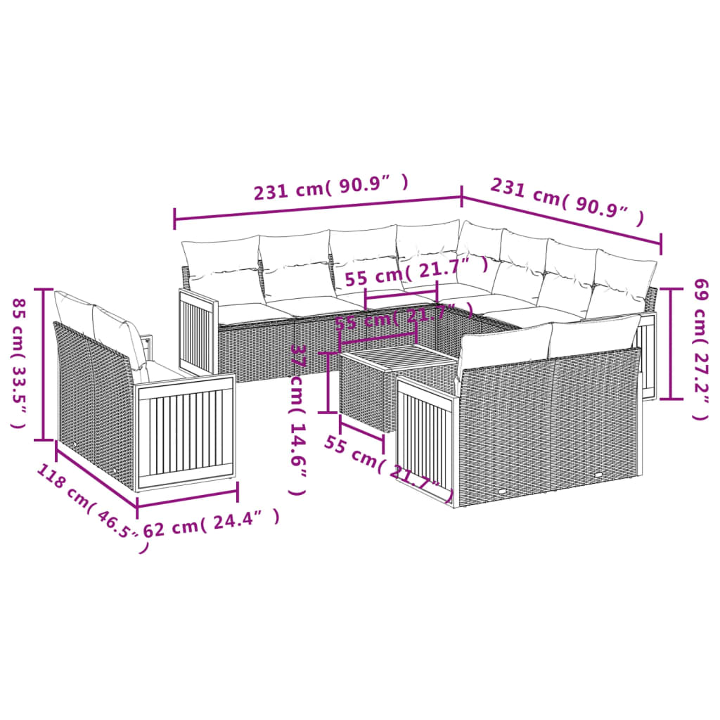 Set Divani da Giardino 12 pz con Cuscini Beige in Polyrattan | homemem39