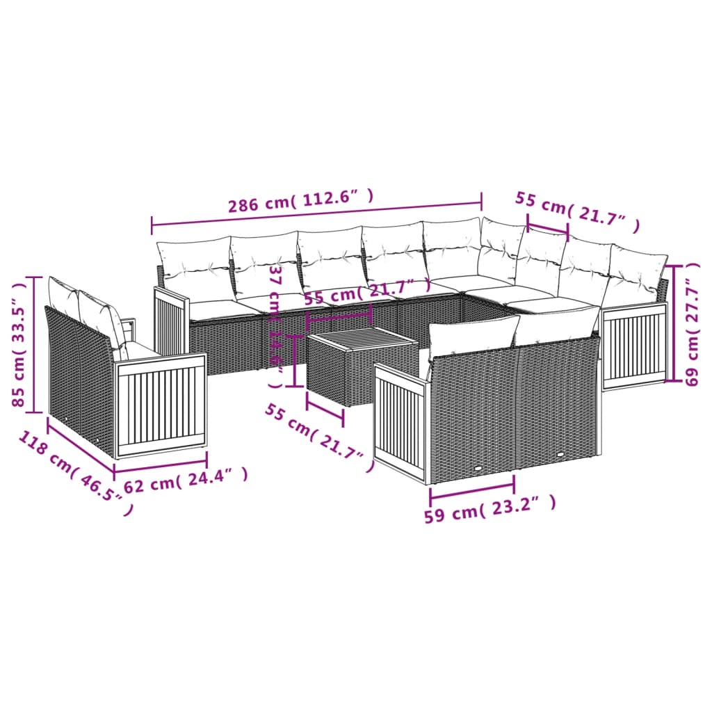 Set Divani da Giardino 13pz con Cuscini Nero in Polyrattan | homemem39