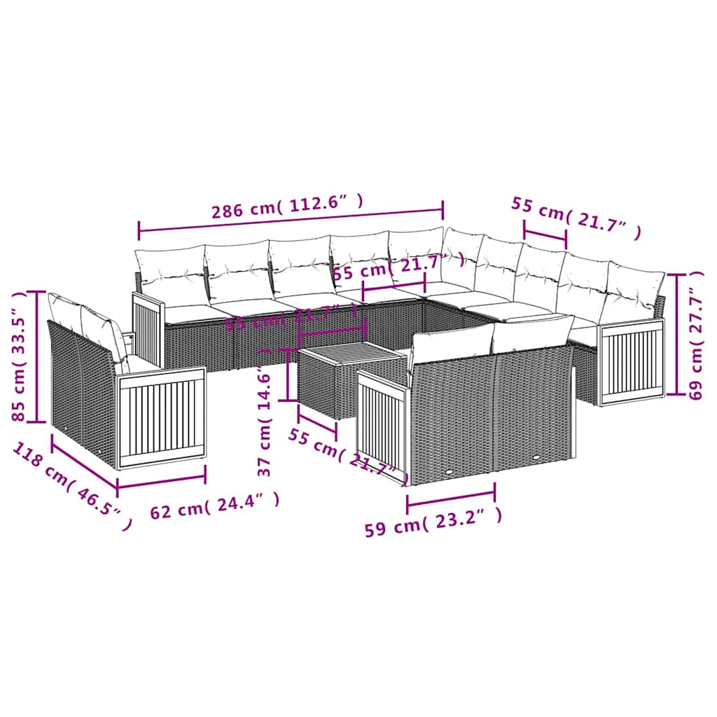 Set Divani da Giardino 14pz con Cuscini in Polyrattan Nero | homemem39