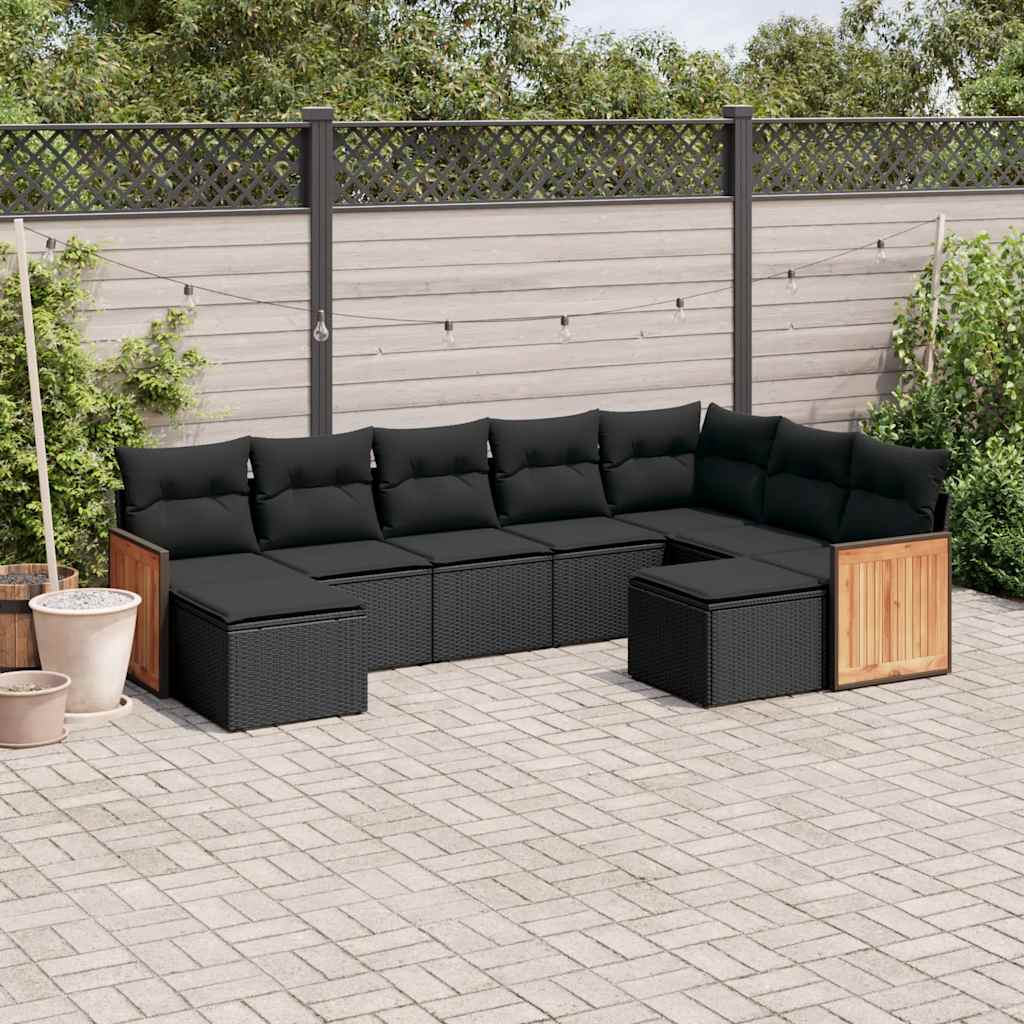 Set Divani da Giardino 9 pz con Cuscini Nero in Polyrattan | homemem39