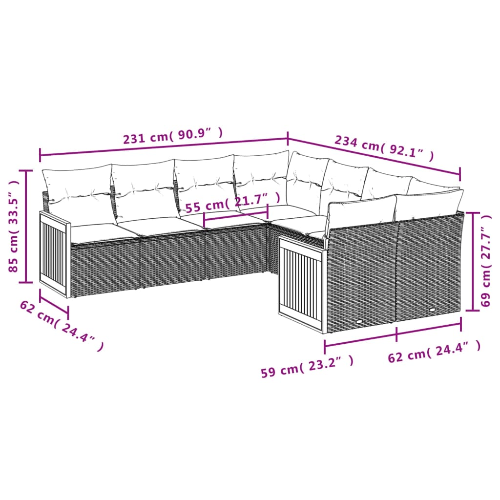 Set Divano da Giardino 8 pz con Cuscini Beige in Polyrattan | homemem39