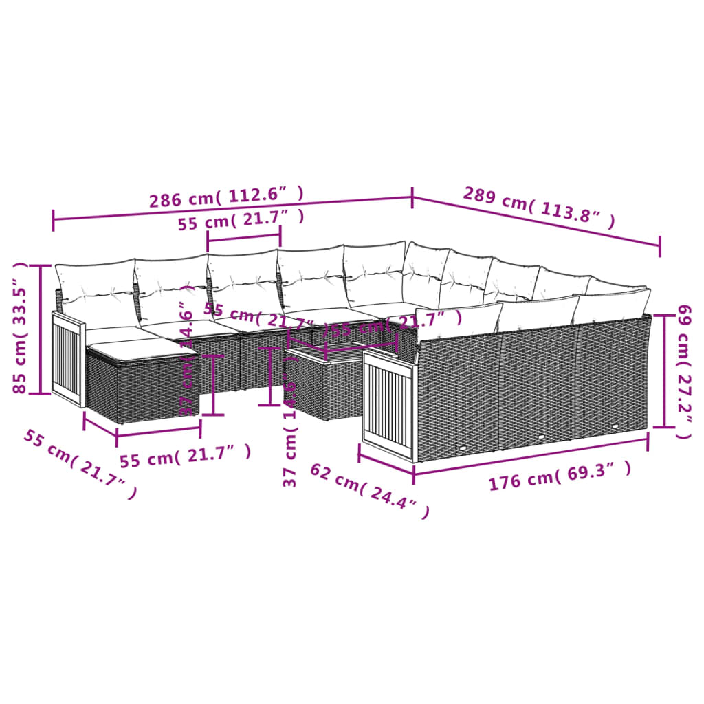 Set Divani da Giardino 13 pz con Cuscini Grigio in Polyrattan | homemem39