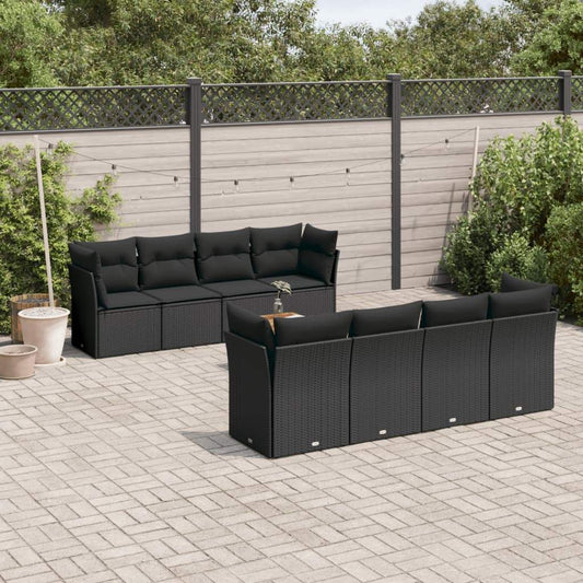 Set Divani da Giardino 9 pz con Cuscini Nero in Polyrattan - homemem39