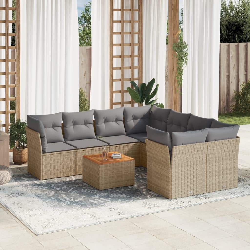 Set Divano da Giardino 9 pz con Cuscini Beige in Polyrattan - homemem39