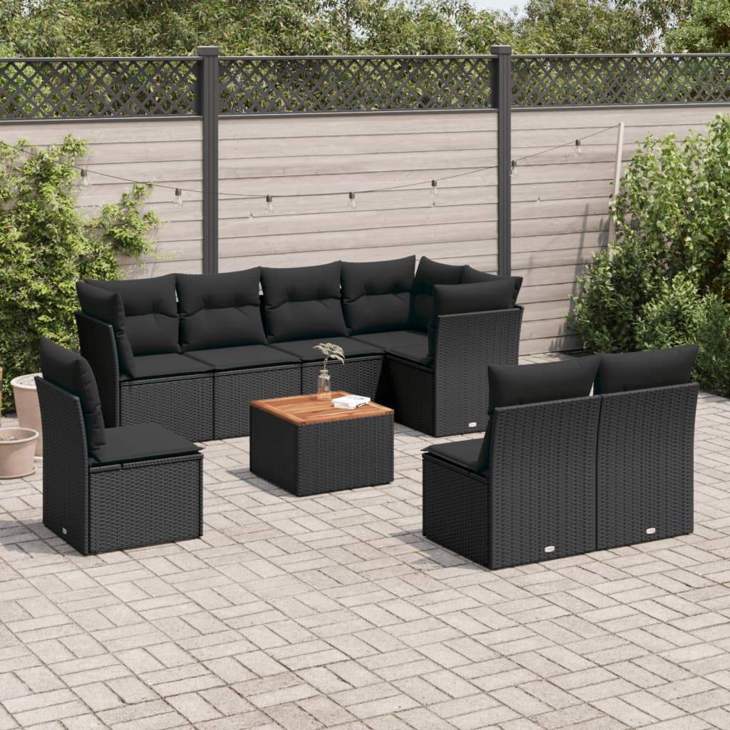 Set Divani da Giardino 9 pz con Cuscini Nero in Polyrattan - homemem39