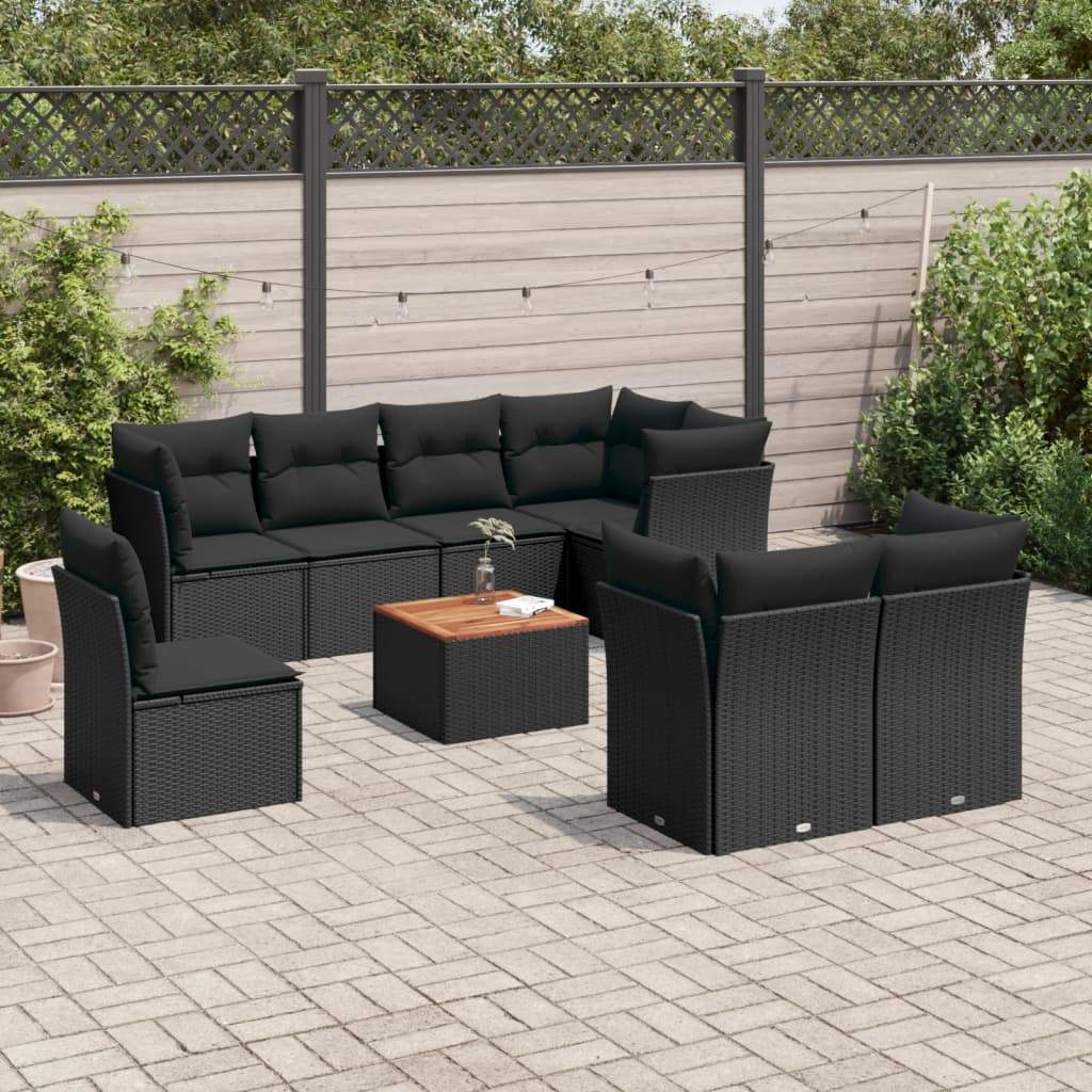 Set Divani da Giardino 9 pz con Cuscini Nero in Polyrattan - homemem39
