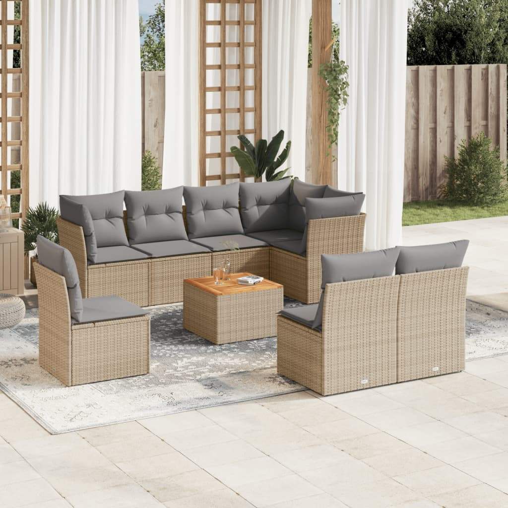 Set Divano da Giardino 9 pz con Cuscini Beige in Polyrattan - homemem39
