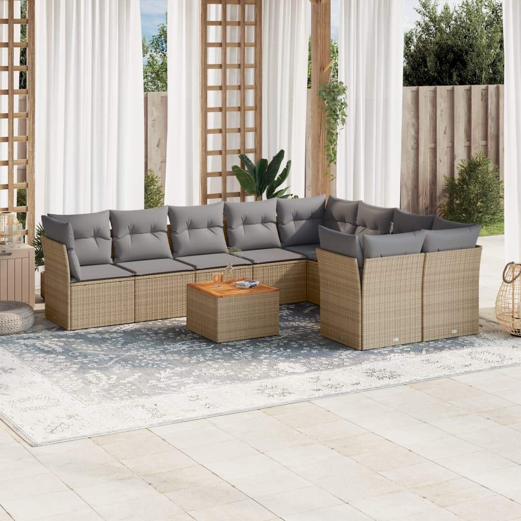 Set Divano da Giardino 10 pz con Cuscini Beige in Polyrattan - homemem39