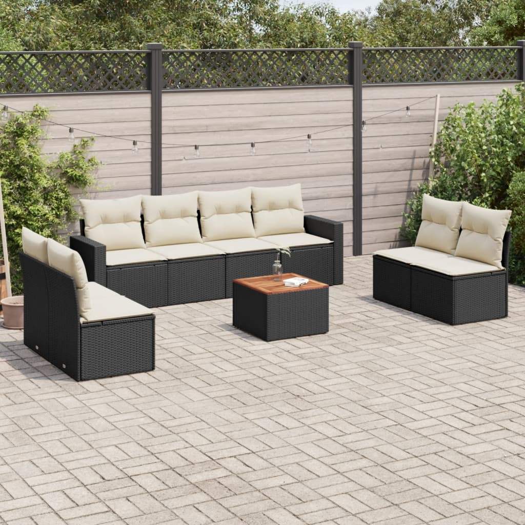 Set Divani da Giardino 9 pz con Cuscini Nero in Polyrattan - homemem39