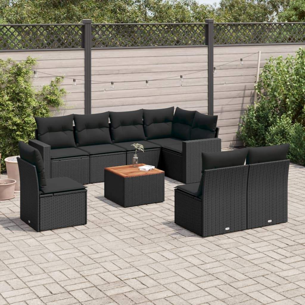 Set Divani da Giardino 9 pz con Cuscini Nero in Polyrattan - homemem39
