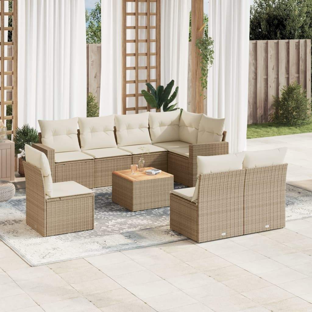 Set Divano da Giardino 9 pz con Cuscini Beige in Polyrattan - homemem39