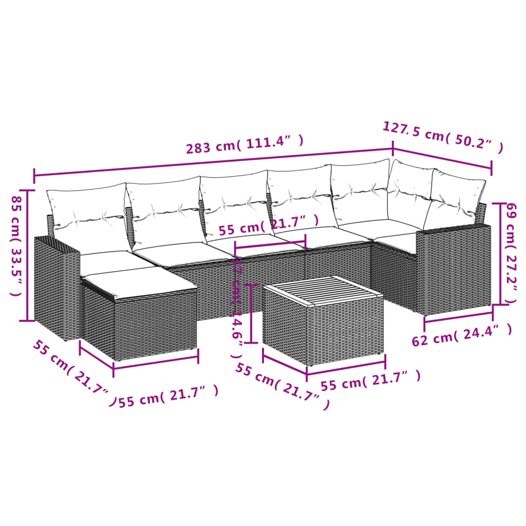 Set Divani da Giardino con Cuscini 8 pz Nero in Polyrattan - homemem39