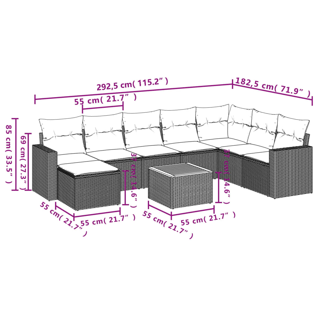 Set Divani da Giardino 9 pz con Cuscini Nero in Polyrattan - homemem39