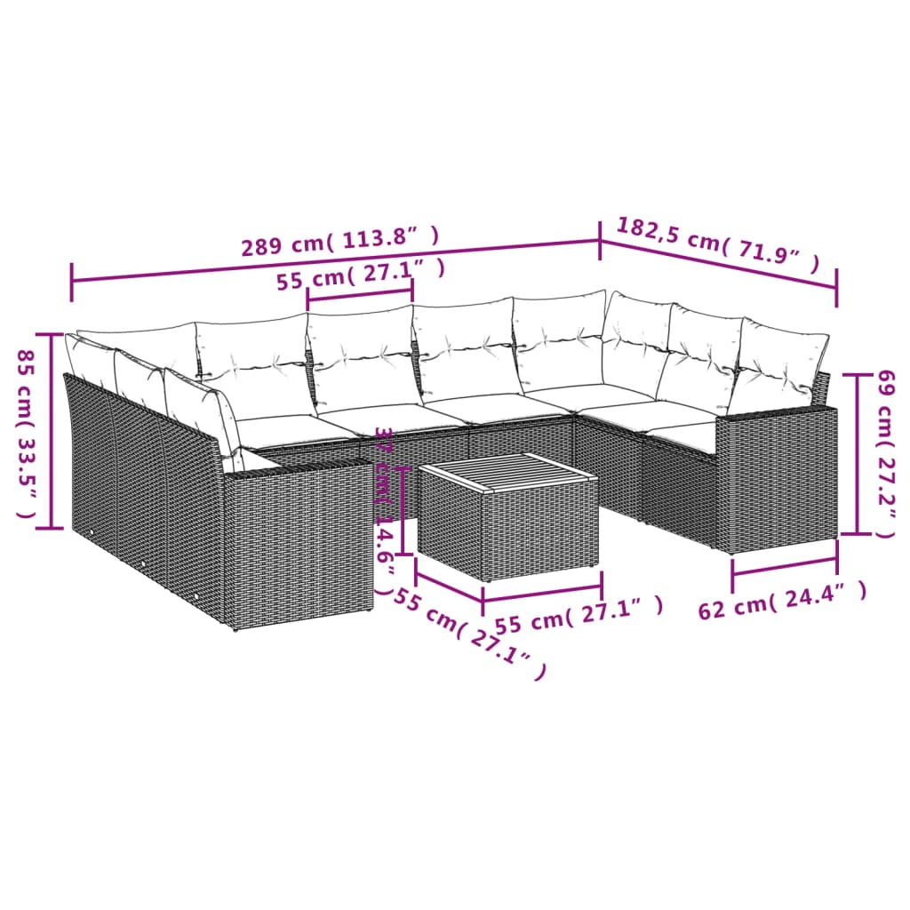 Set Divano da Giardino 10 pz con Cuscini Beige in Polyrattan - homemem39