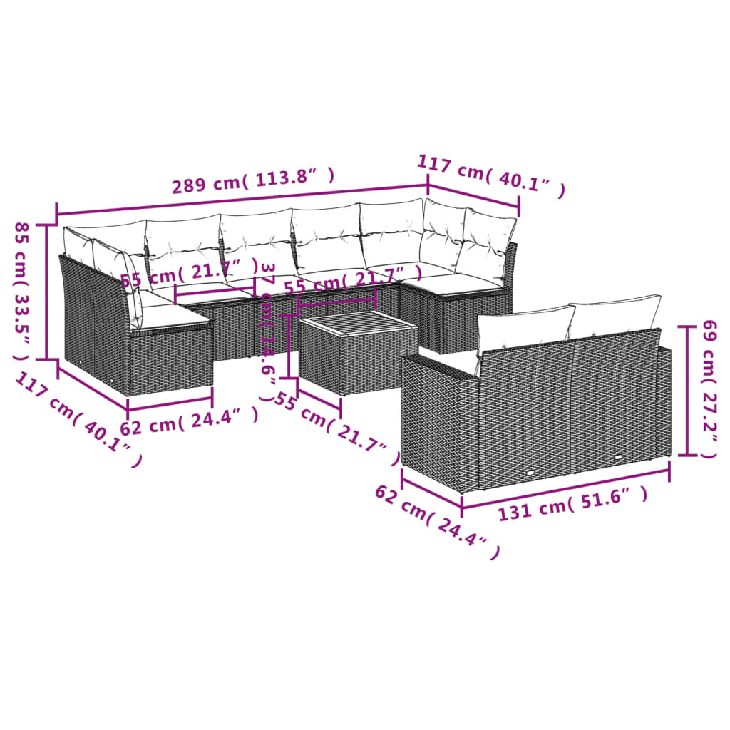 Set Divani da Giardino 10pz con Cuscini in Polyrattan Nero - homemem39