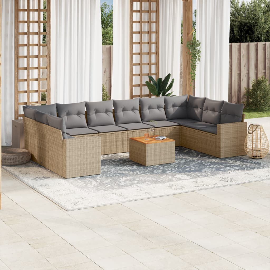 Set Divani da Giardino 11 pz con Cuscini Beige in Polyrattan - homemem39