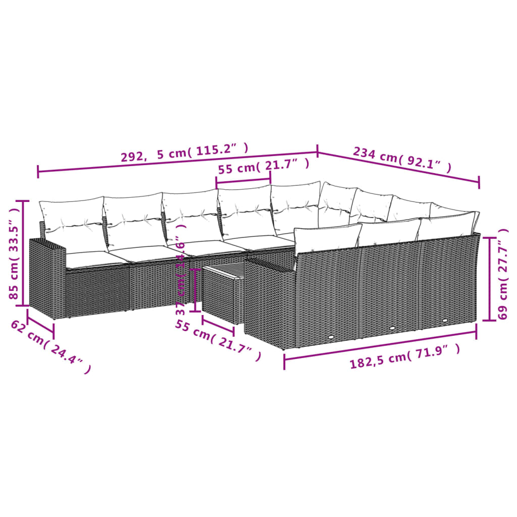 Set Divani da Giardino 11 pz con Cuscini in Polyrattan Nero - homemem39