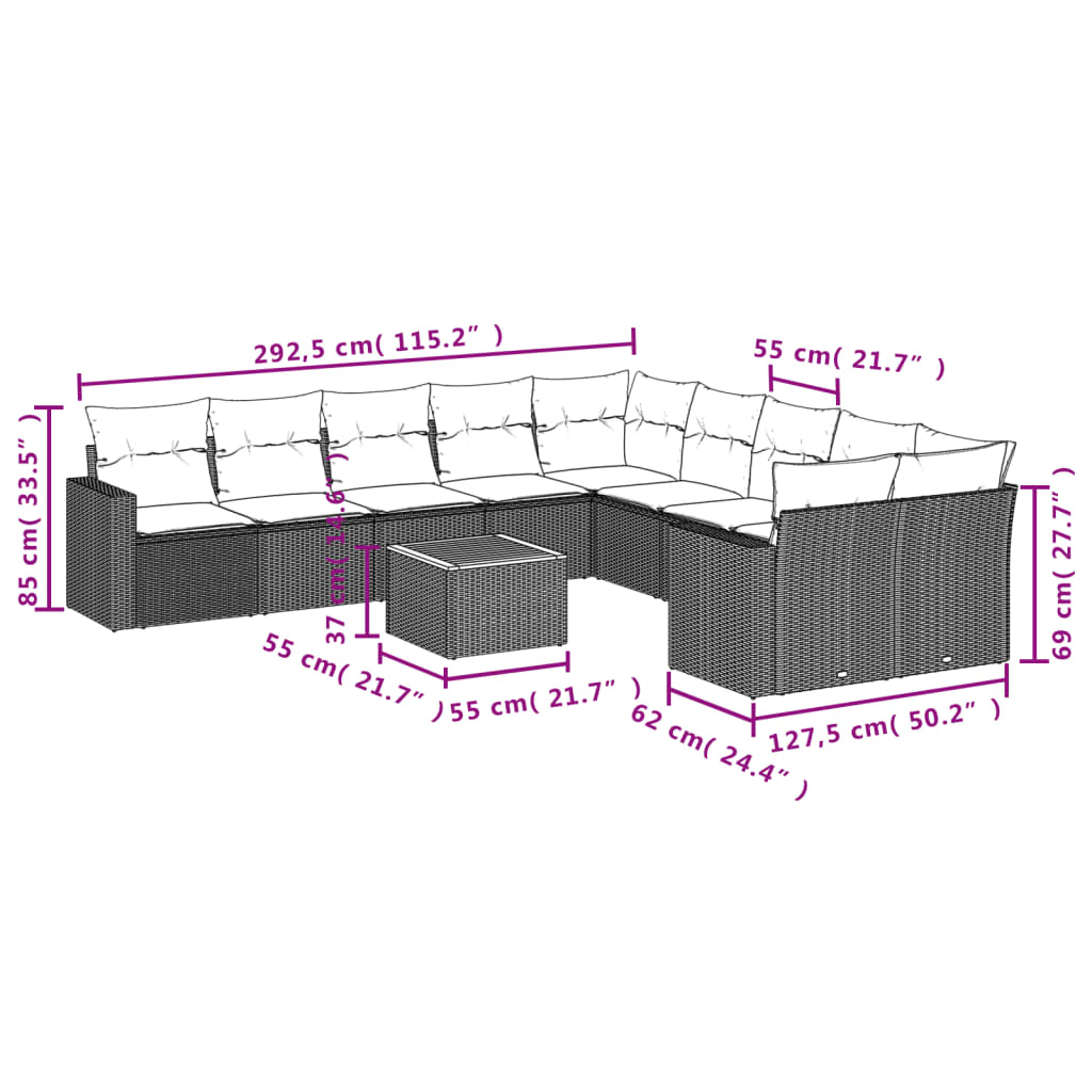 Set Divani da Giardino 11 pz con Cuscini in Polyrattan Grigio - homemem39