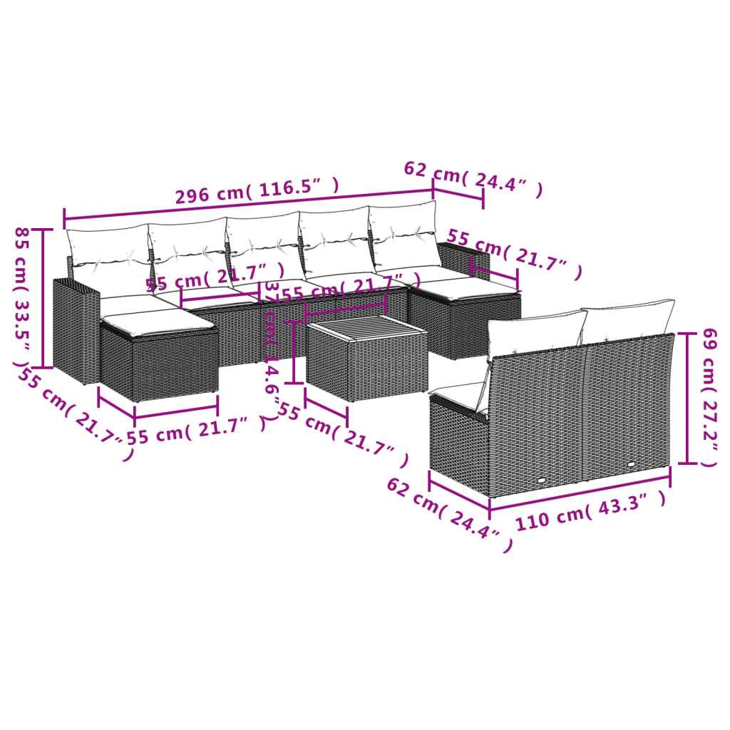 Set Divani da Giardino 10pz con Cuscini in Polyrattan Nero - homemem39