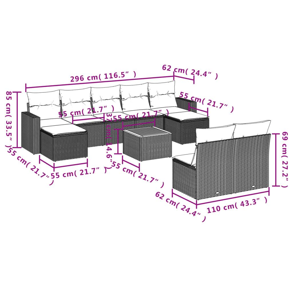 Set Divano da Giardino 10 pz con Cuscini Grigio in Polyrattan - homemem39