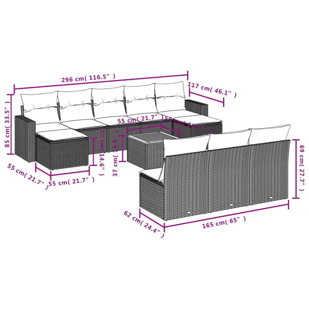 Set Divani da Giardino 11 pz con Cuscini in Polyrattan Grigio - homemem39