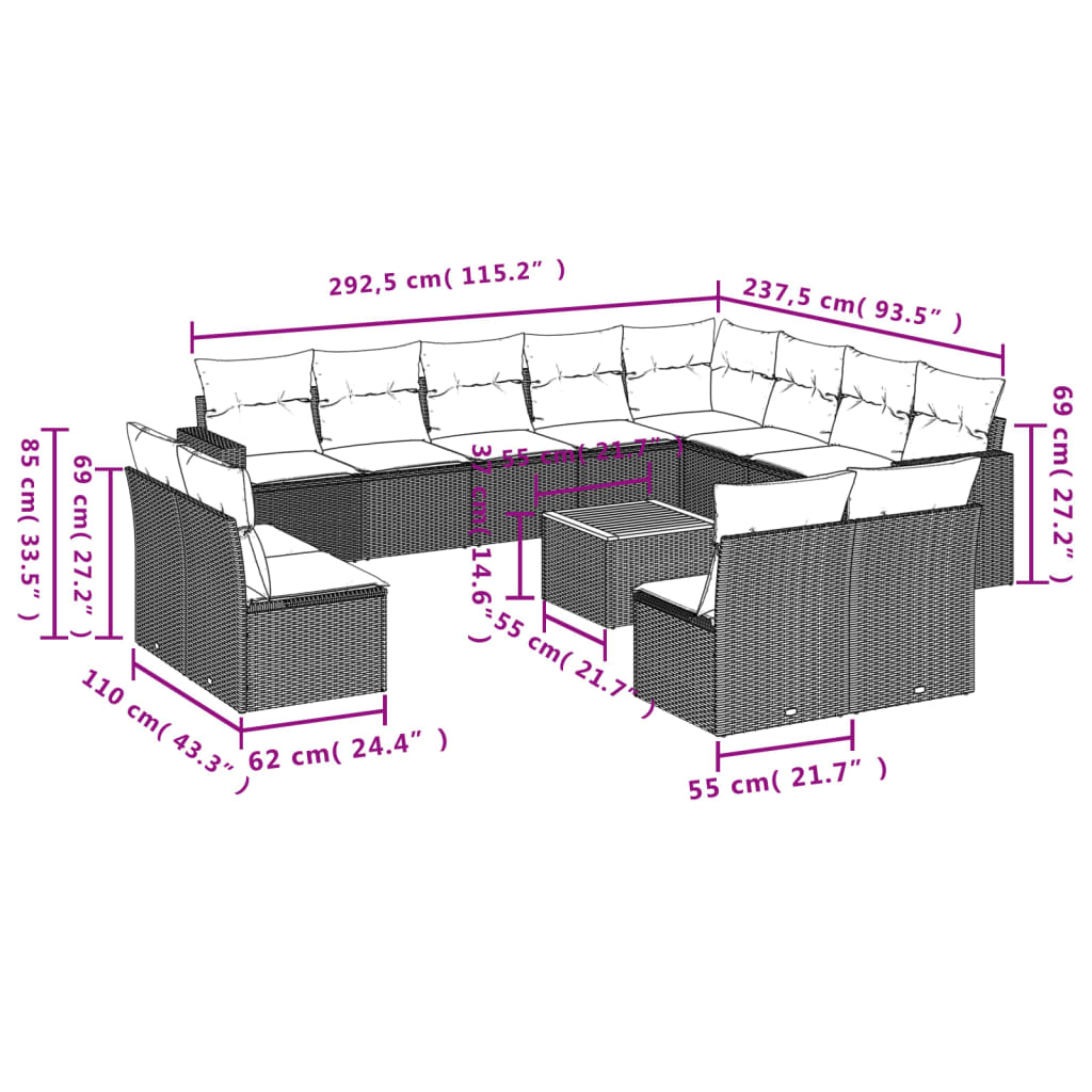 Set Divani da Giardino 13pz con Cuscini Nero in Polyrattan - homemem39