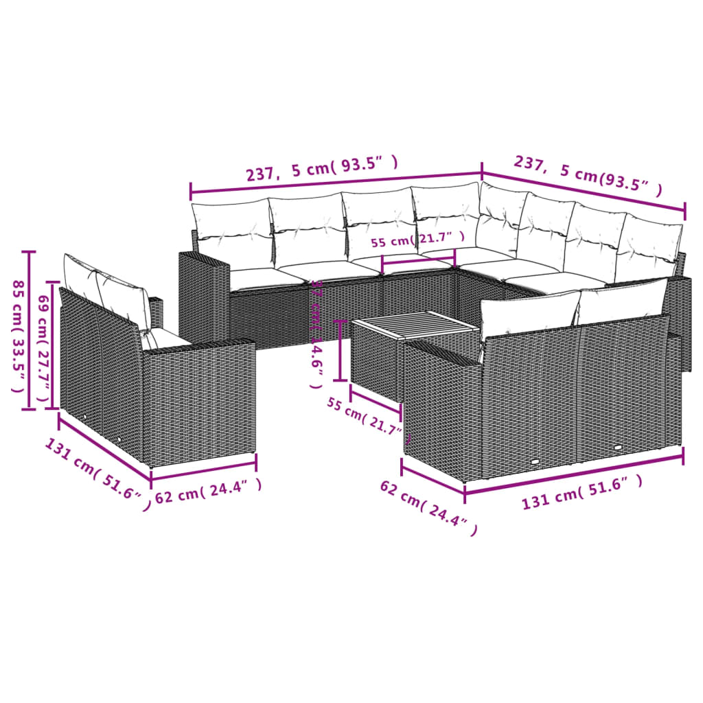 Set Divani da Giardino 12 pz con Cuscini Nero in Polyrattan - homemem39