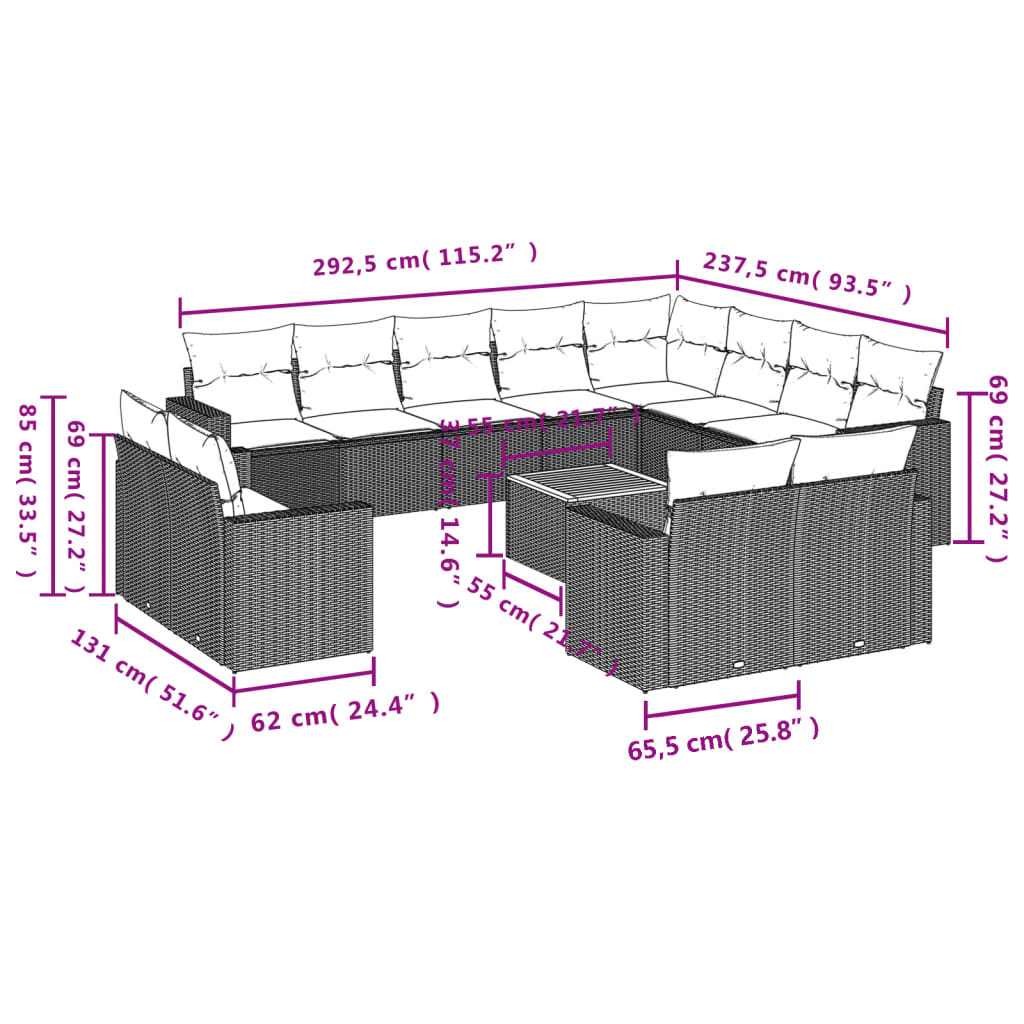 Set Divani da Giardino 13pz con Cuscini Nero in Polyrattan - homemem39