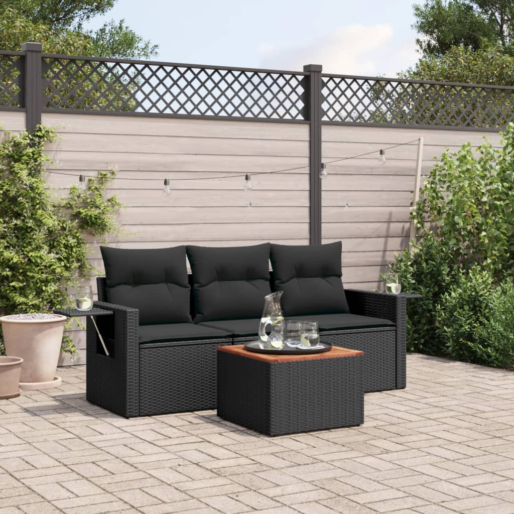 Set Divani da Giardino 4 pz con Cuscini Nero in Polyrattan - homemem39