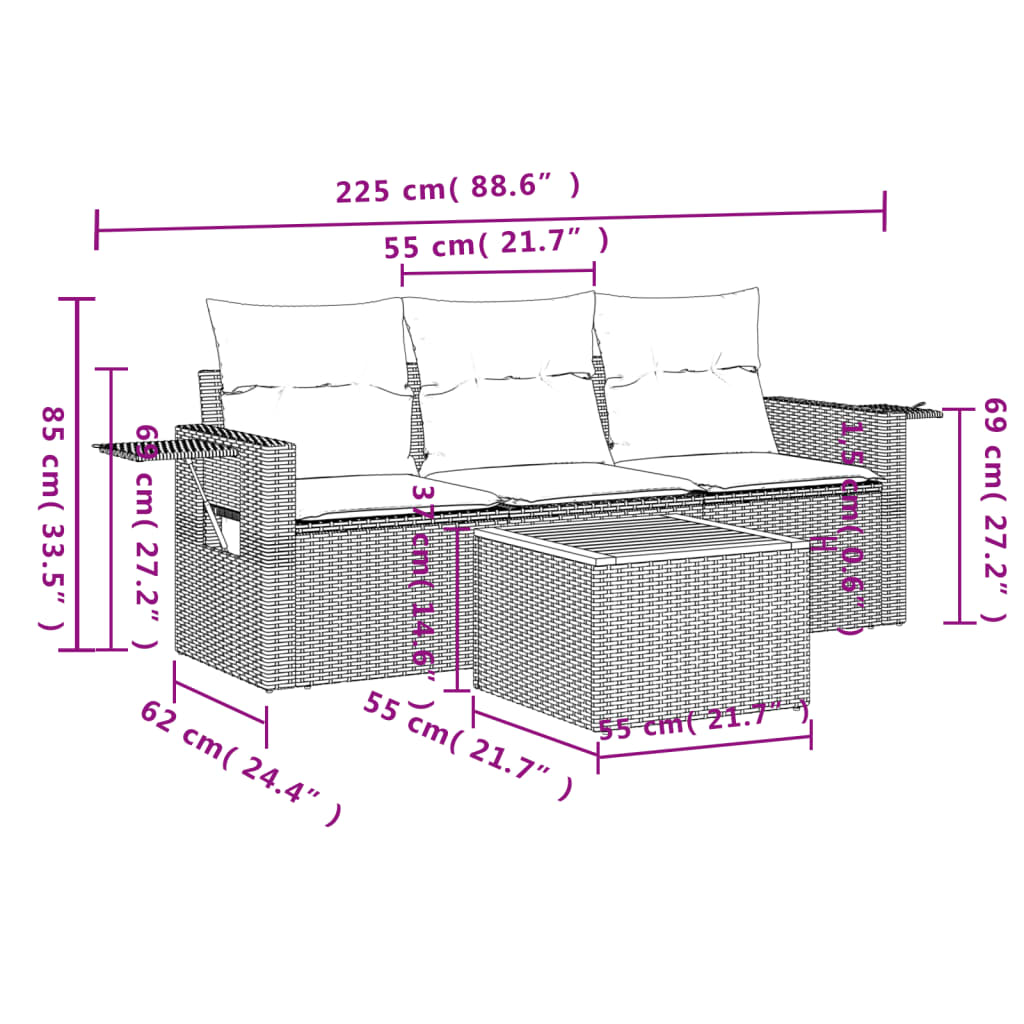 Set Divano da Giardino 4 pz con Cuscini Beige in Polyrattan - homemem39