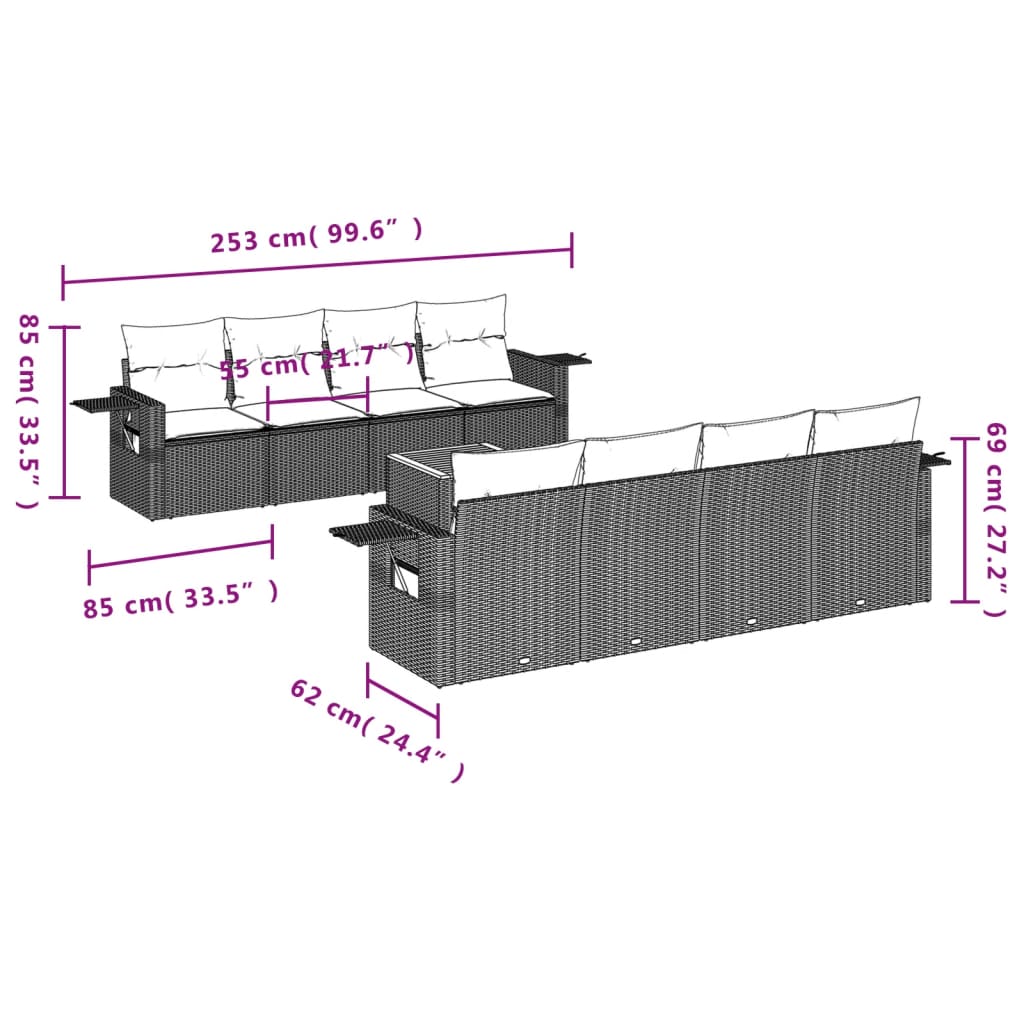 Set Divani da Giardino 9 pz con Cuscini Nero in Polyrattan - homemem39