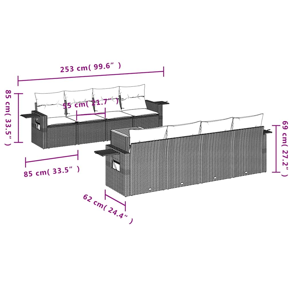 Set Divani da Giardino 9 pz con Cuscini Grigio in Polyrattan | homemem39