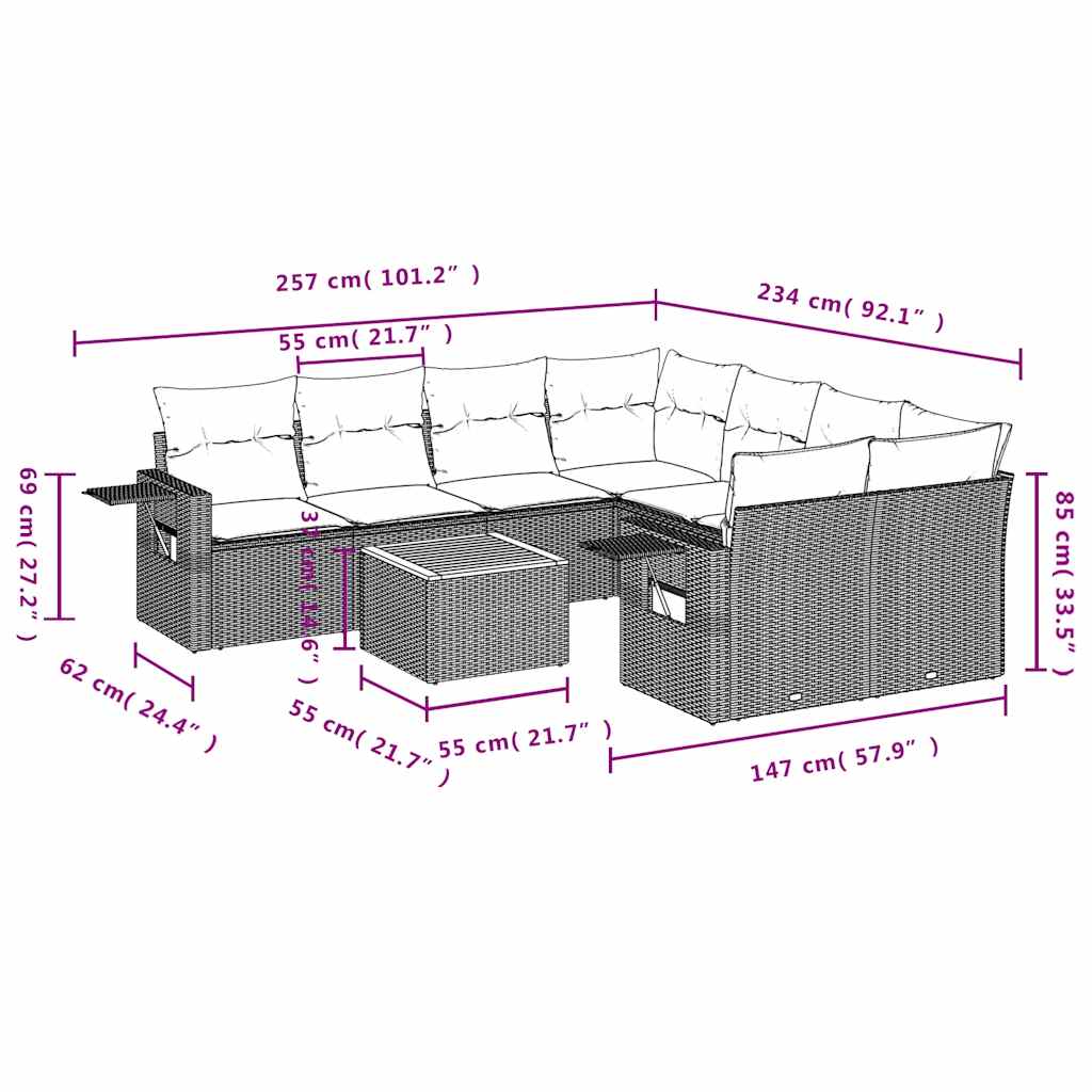 Set Divani da Giardino 9 pz con Cuscini Nero in Polyrattan | homemem39