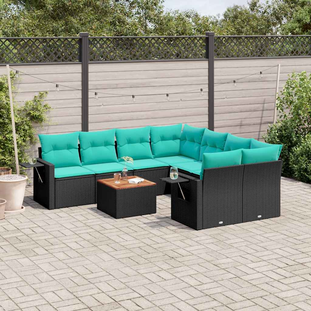Set Divani da Giardino 9 pz con Cuscini Nero in Polyrattan