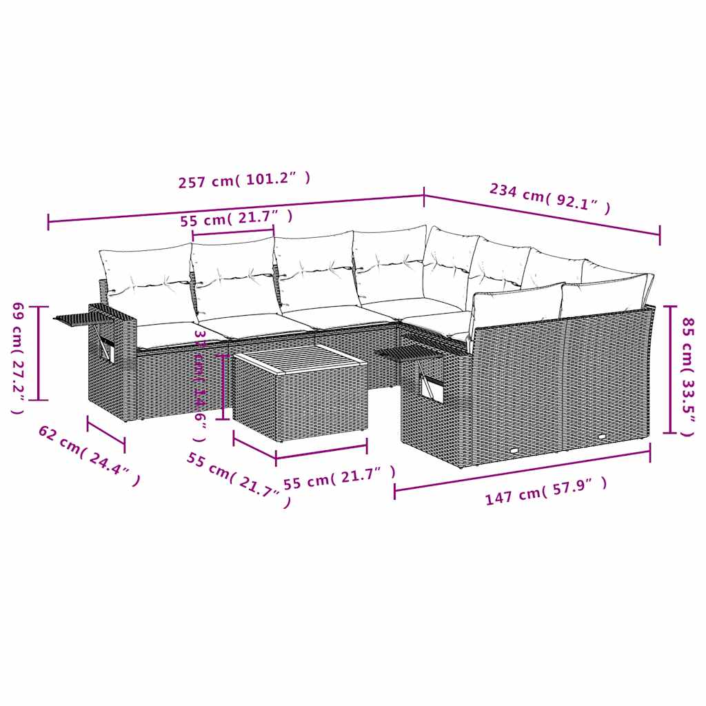 Set Divani da Giardino 9 pz con Cuscini Grigio in Polyrattan | homemem39