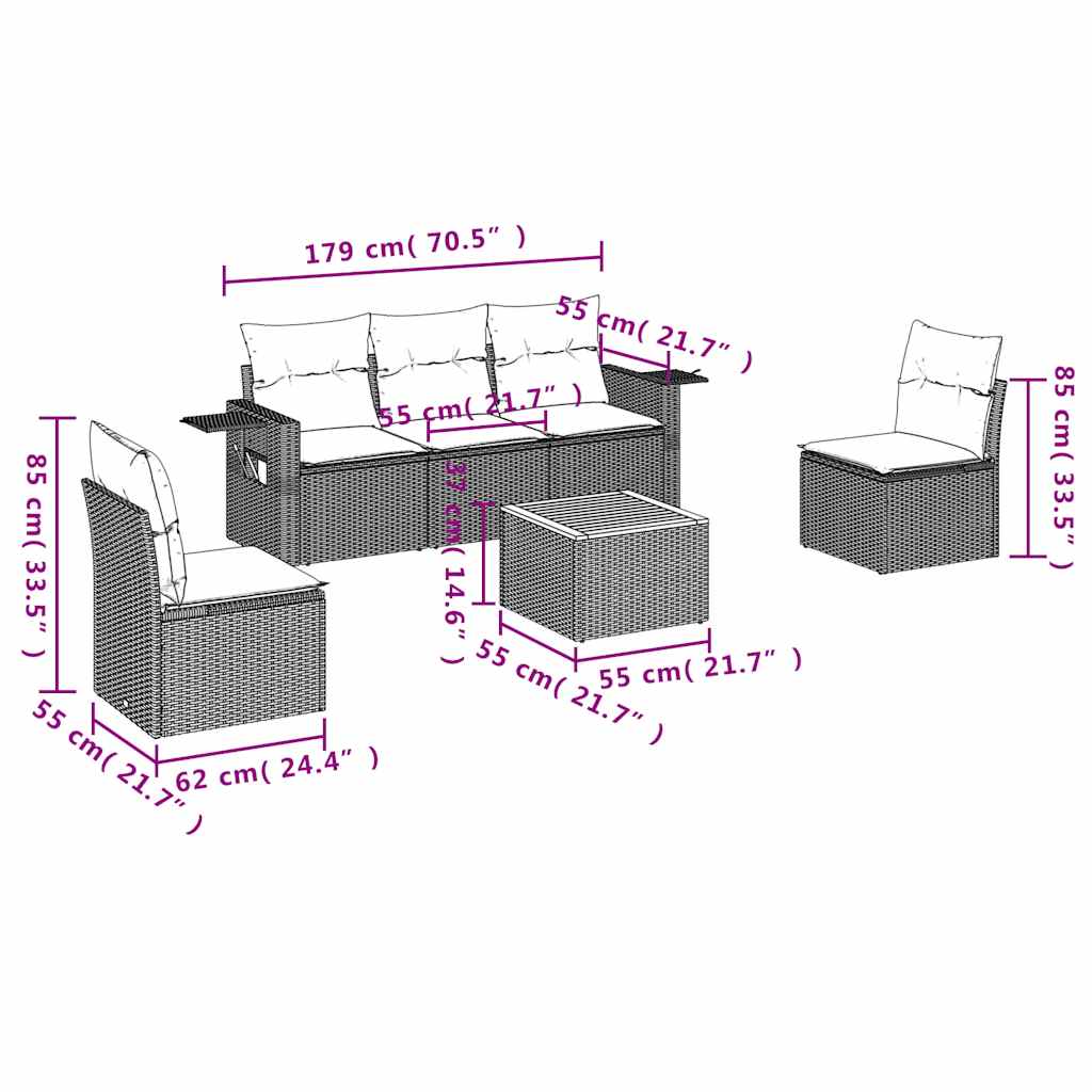 Set Divani da Giardino 6 pz con Cuscini Grigio in Polyrattan | homemem39