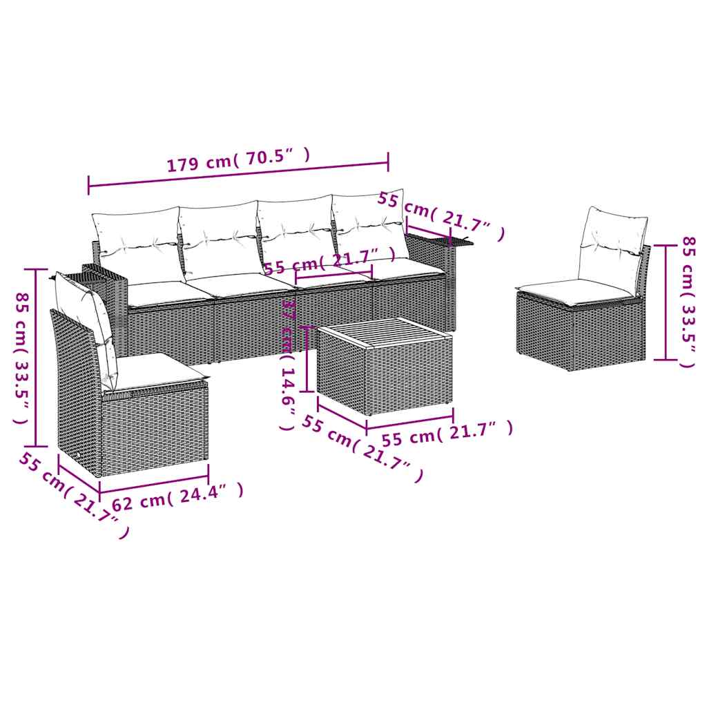 Set Divani da Giardino 7 pz con Cuscini Nero in Polyrattan