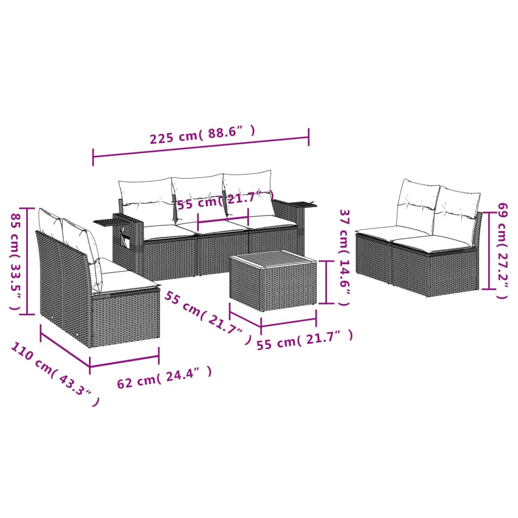 Set Divano da Giardino 8 pz con Cuscini Grigio in Polyrattan - homemem39