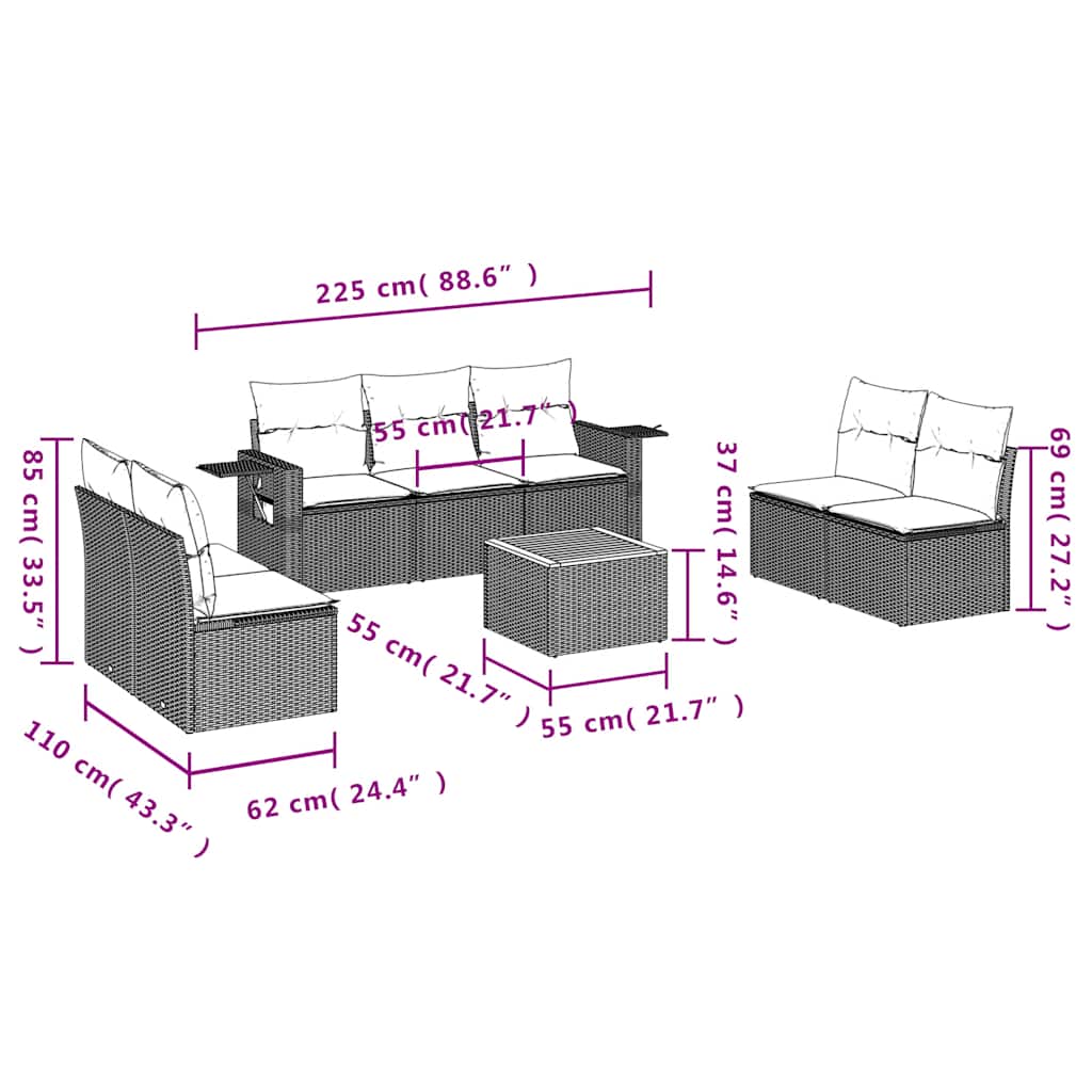Set Divani da Giardino 8 pz con Cuscini Grigio in Polyrattan | homemem39