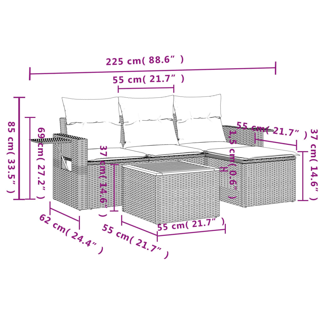 Set Divano da Giardino 5 pz con Cuscini Beige in Polyrattan - homemem39