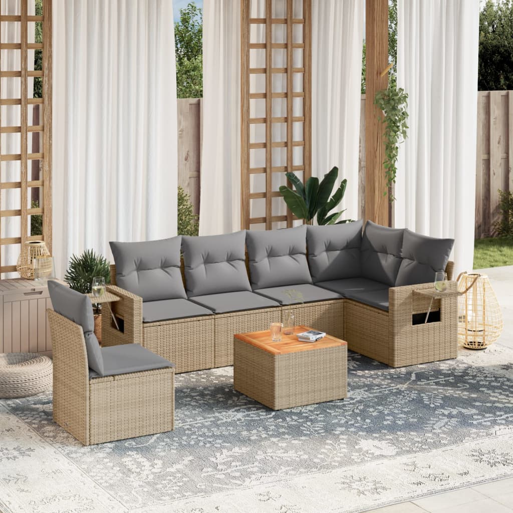 Set Divani da Giardino 7 pz con Cuscini Beige in Polyrattan