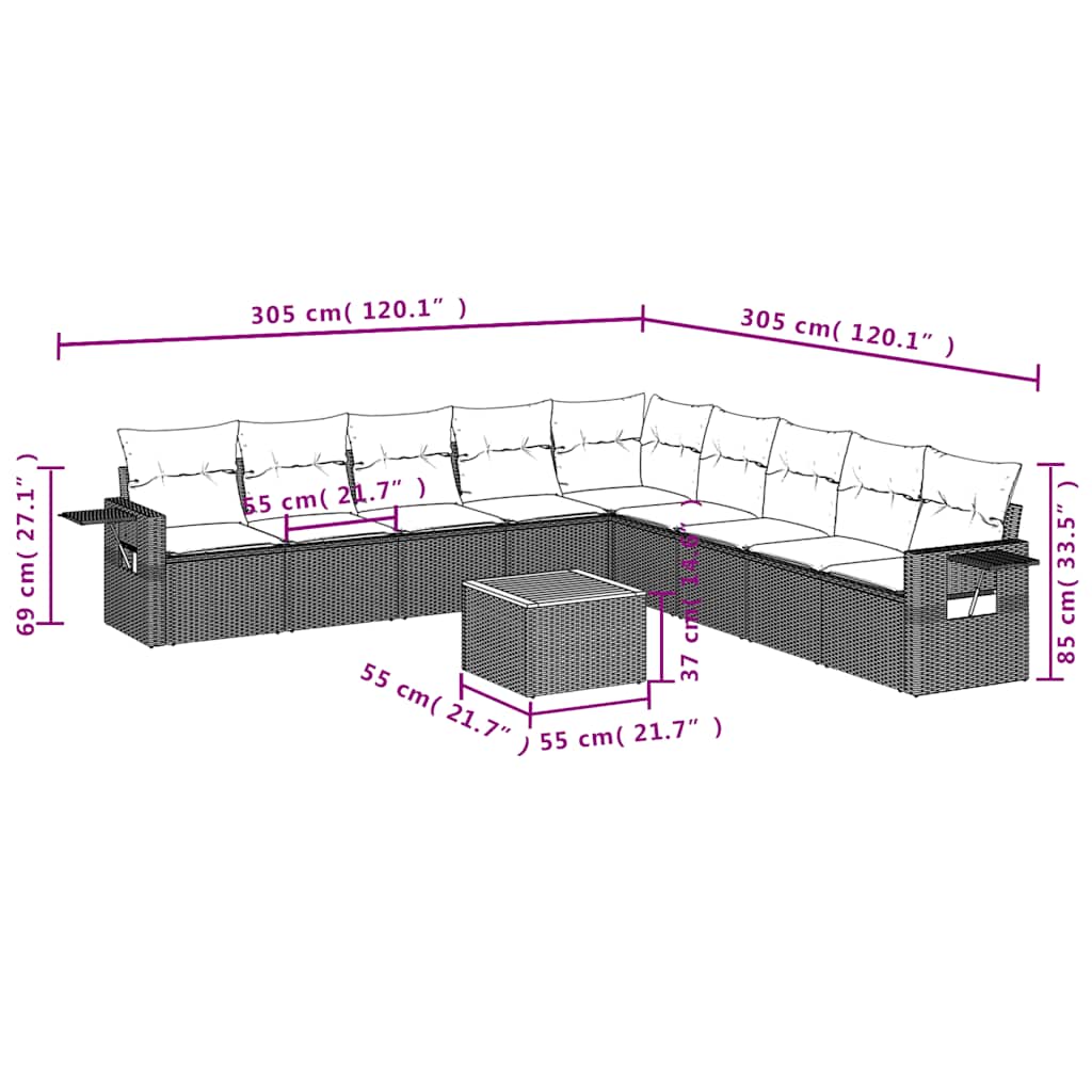 Set Divani da Giardino 10 pz con Cuscini Grigio in Polyrattan | homemem39