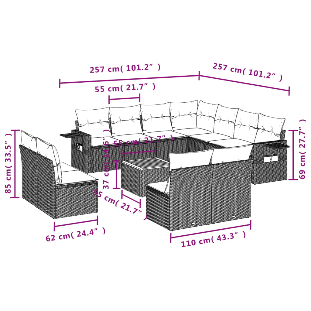 Set Divani da Giardino 12 pz con Cuscini Beige in Polyrattan - homemem39