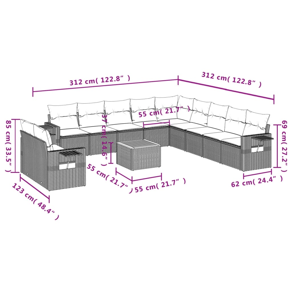 Set Divani da Giardino 12 pz con Cuscini Nero in Polyrattan - homemem39