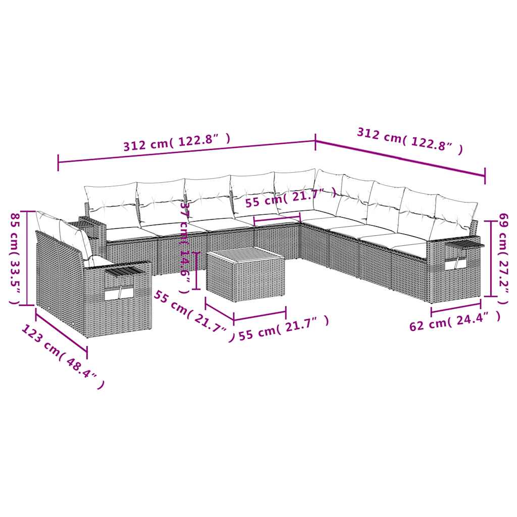 Set Divani da Giardino 12 pz con Cuscini Grigio in Polyrattan | homemem39