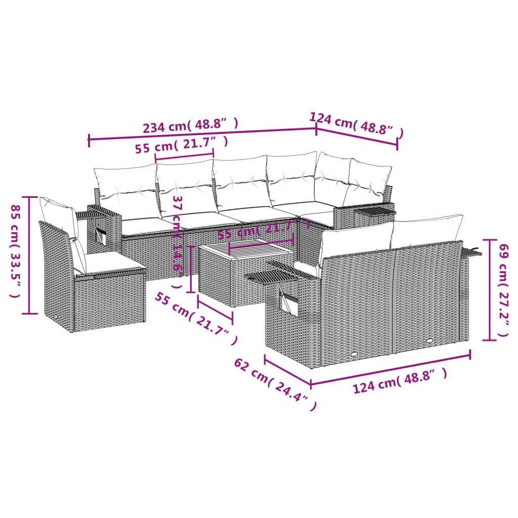 Set Divani da Giardino 9 pz con Cuscini Nero in Polyrattan | homemem39