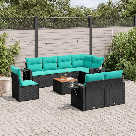 Set Divani da Giardino 9 pz con Cuscini Nero in Polyrattan | homemem39