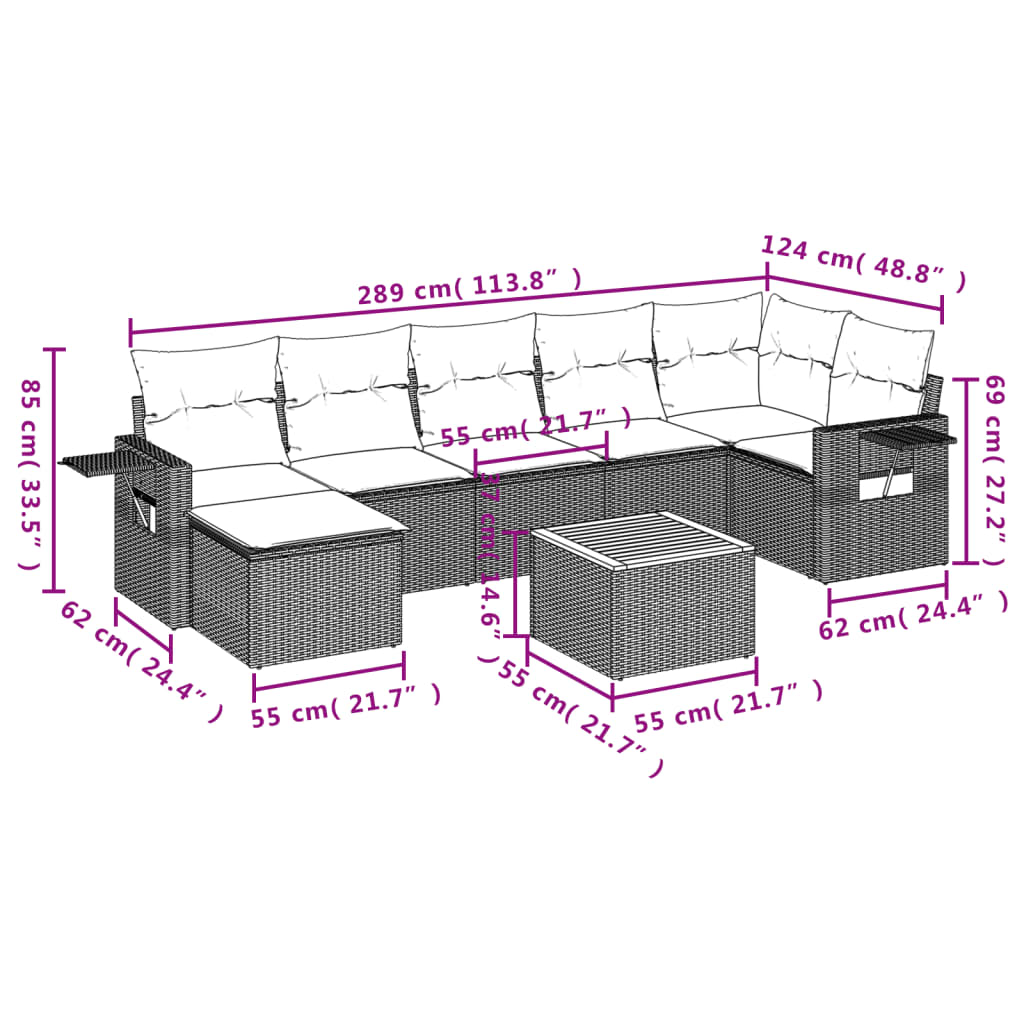 Set Divani da Giardino 8 pz con Cuscini Grigio in Polyrattan | homemem39