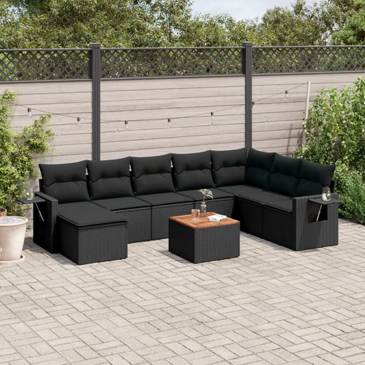 Set Divani da Giardino 9 pz con Cuscini Nero in Polyrattan - homemem39